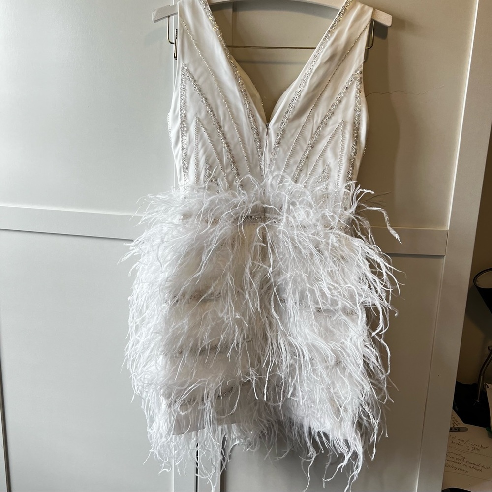 White rhinestone feathered dress, Cocktail Dress,Feather after party wedding.